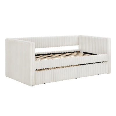 Twin Size Daybed, Upholstered Sofa Bed,The Bottom Pulls Out To Form A Bed ,Striped Corduroy Fabric- Beige 86x43.5x34