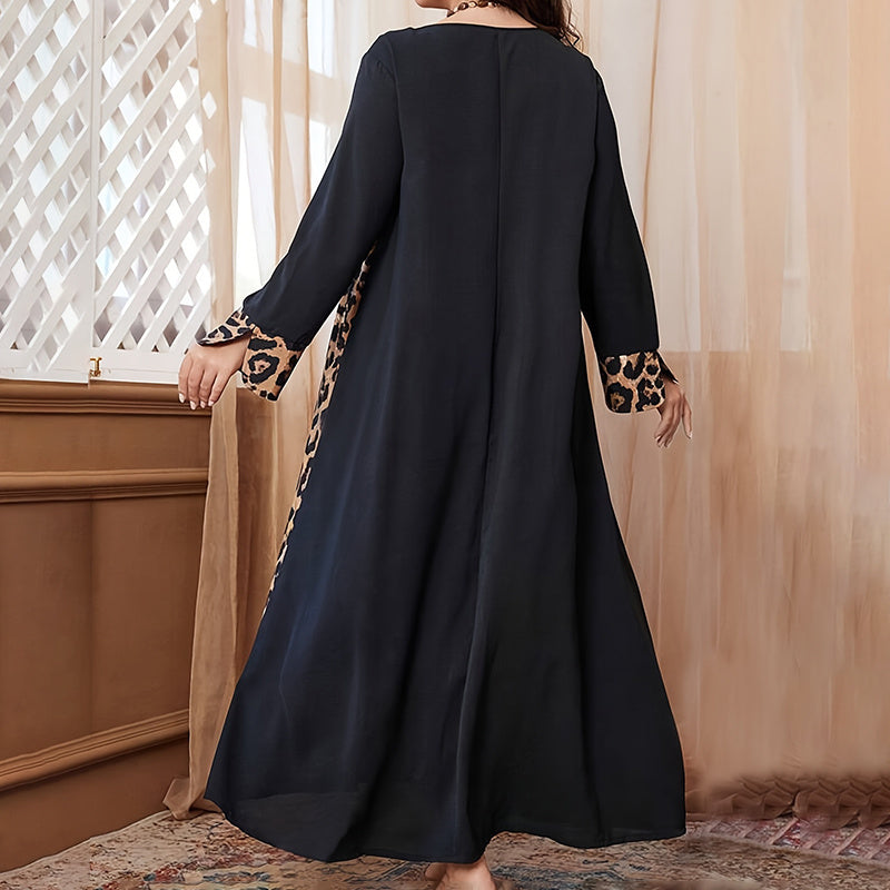 Women's Leopard Print Maxi Dress Color Block Long Sleeve Dress Casual Summer