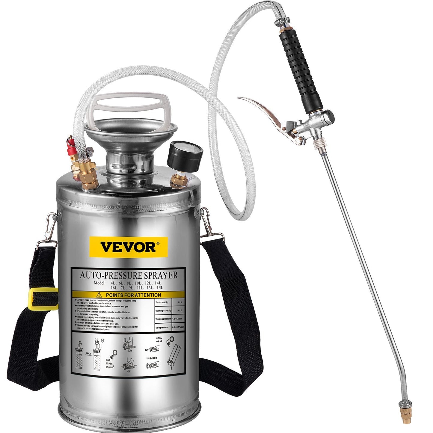 VEVOR 1.5Gal Stainless Steel Sprayer, 3.3FT Reinforced Hose, Hand Sprayer With Pressure Gauge Safety Valve, Adjustable Nozzle Suitable For Gardening Sanitizing