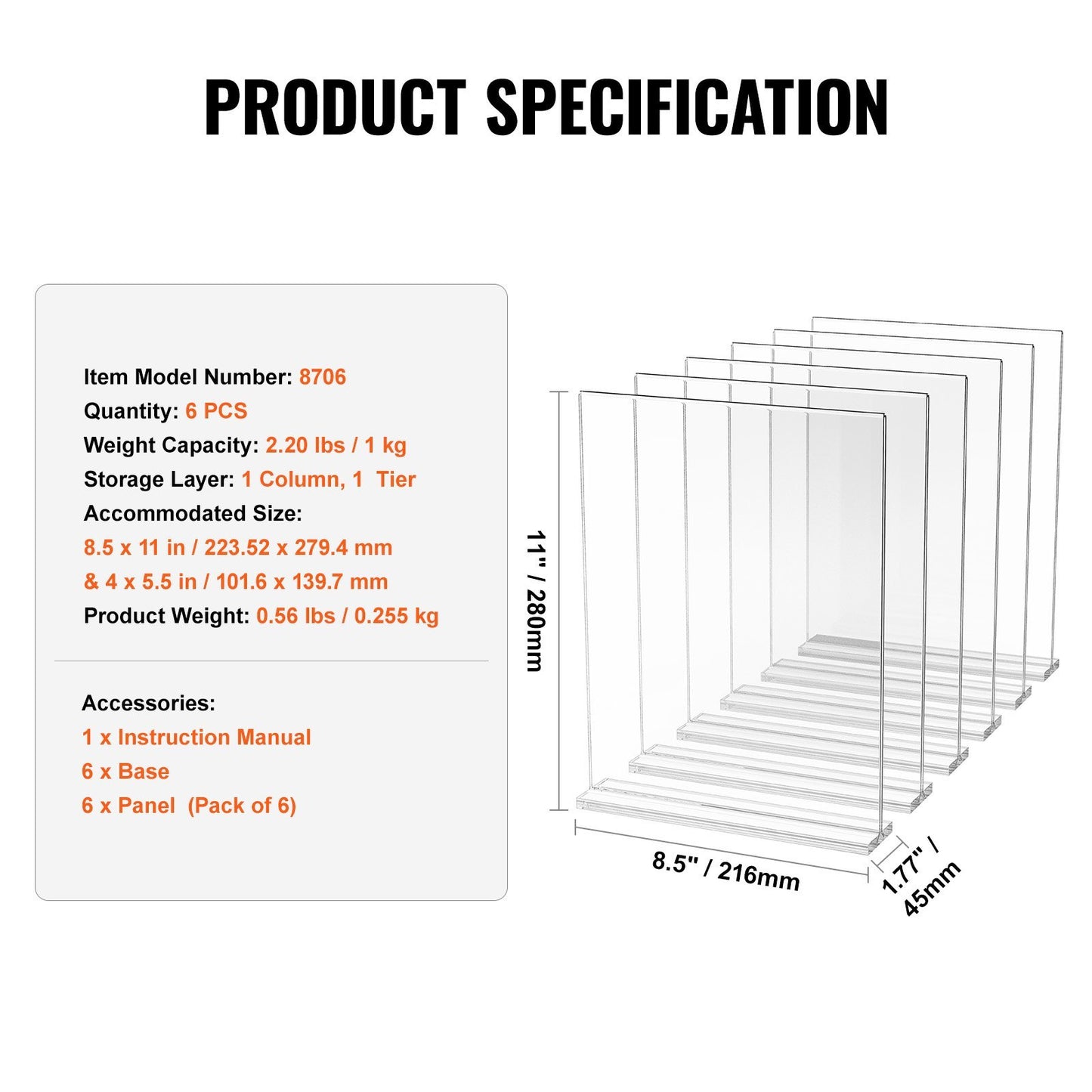 VEVOR Acrylic Sign Holder, 6 Pack 8.5 X 11-inch Brochure Display Holders, T-Shape Double Sided Display Sign Stand, Clear Acrylic Table Menu Photo Paper Holder For Restaurant Office Wedding Bar