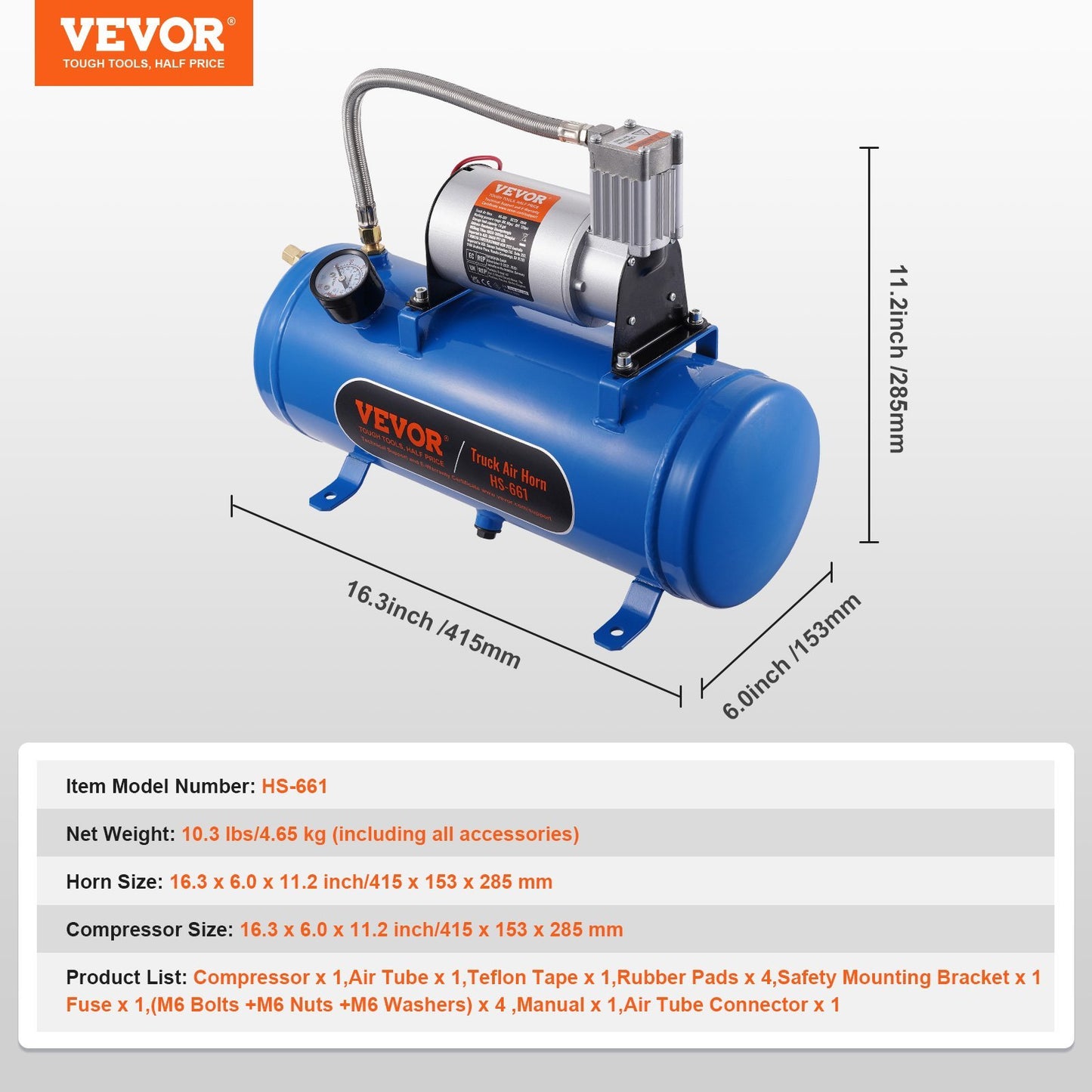 VEVOR 12V Air Compressor With Tank 1.6 Gallon 6 L, Train Horn Air Compressor, 120 Psi Working Pressure Onboard Air Compressor System For Train Air Horns, Inflating Tires, Air Mattresses