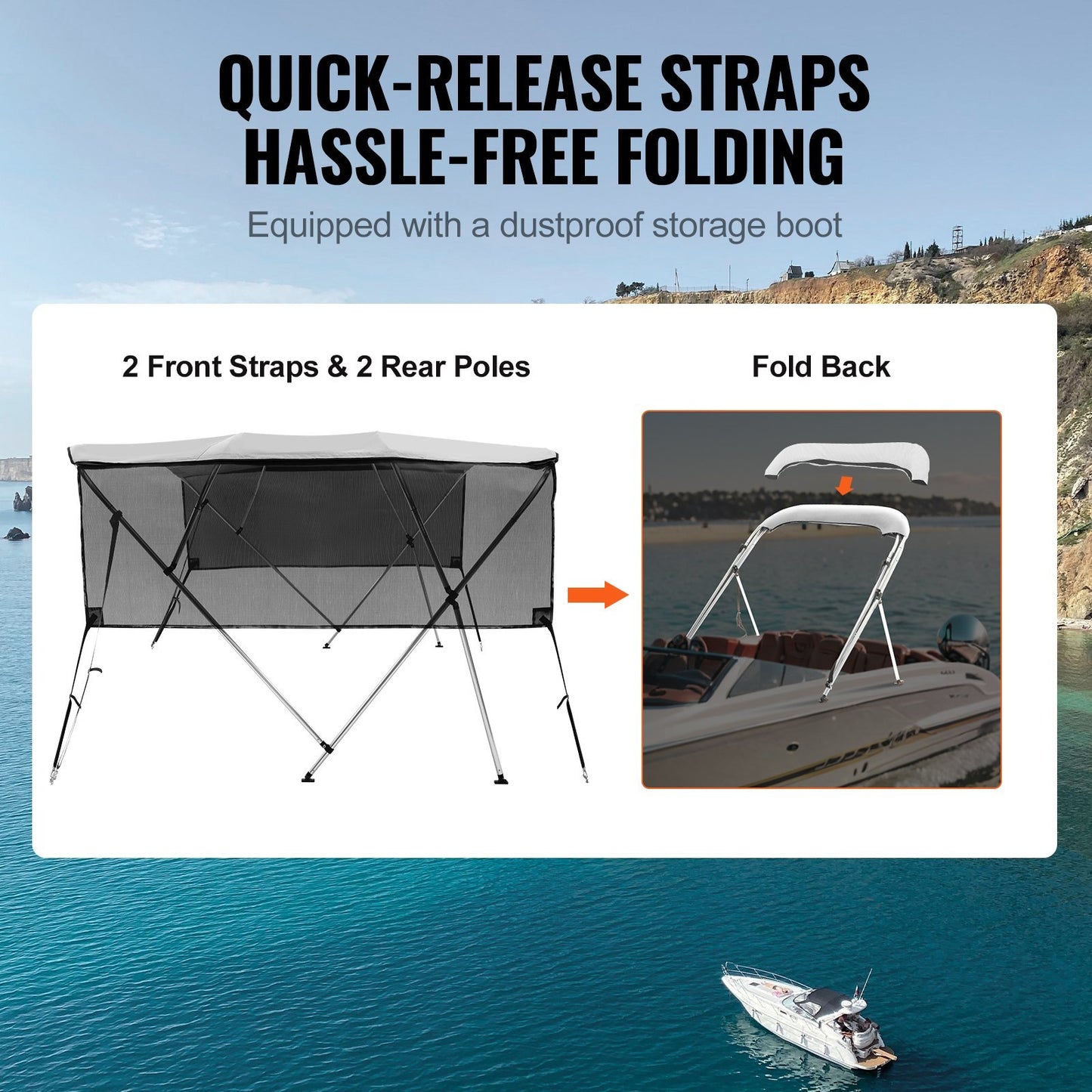 VEVOR 4 Bow Bimini Top Boat Cover, Detachable Mesh Sidewalls, 600D Polyester Canopy With Aluminum Alloy Frame, Includes Storage Boot, 2 Straps, 2 Support Poles,