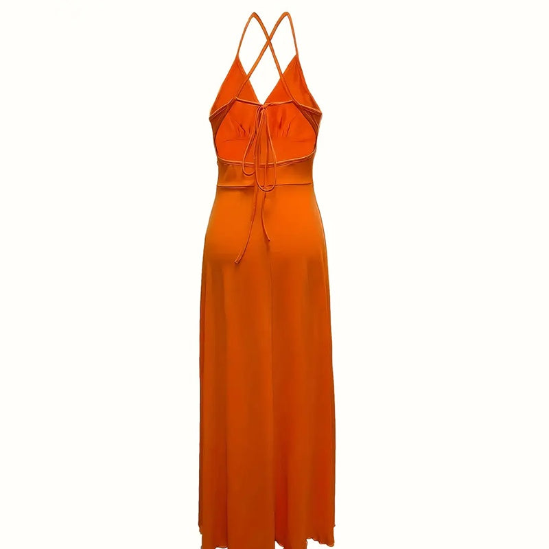 Deep V Neck Maxi Dress Spaghetti Strap Sleeveless Backless High Slit Long