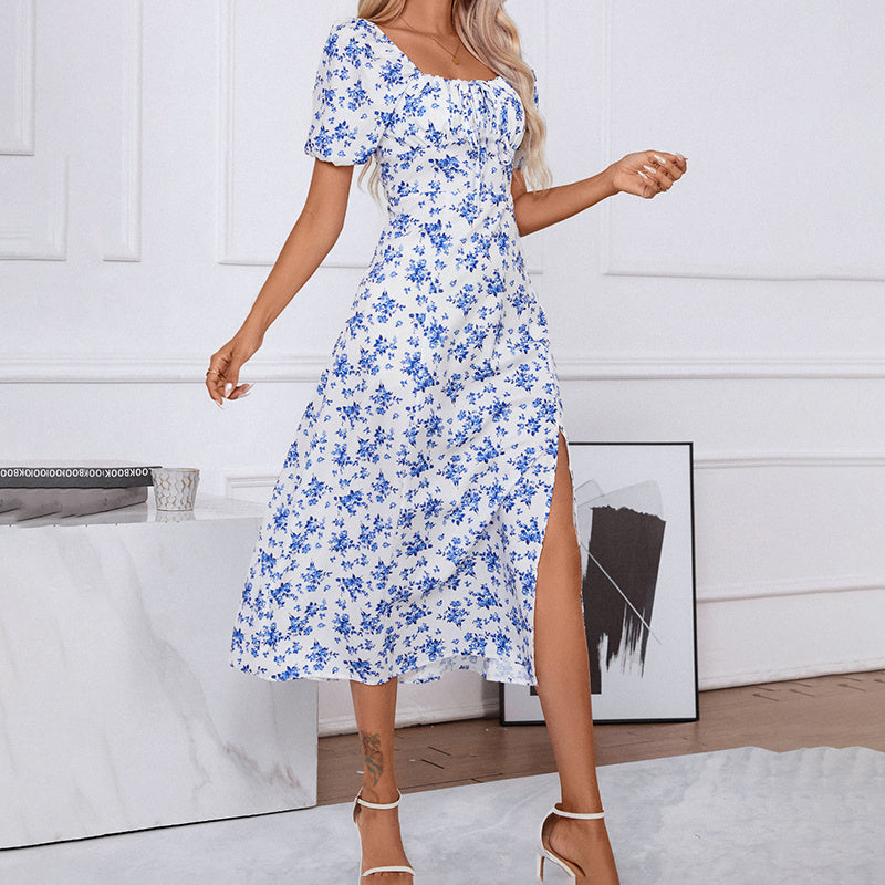 Women's Square Neck Floral Print Dress With Puff Sleeves & Side Slit - Elegant Boho Maxi Dress
