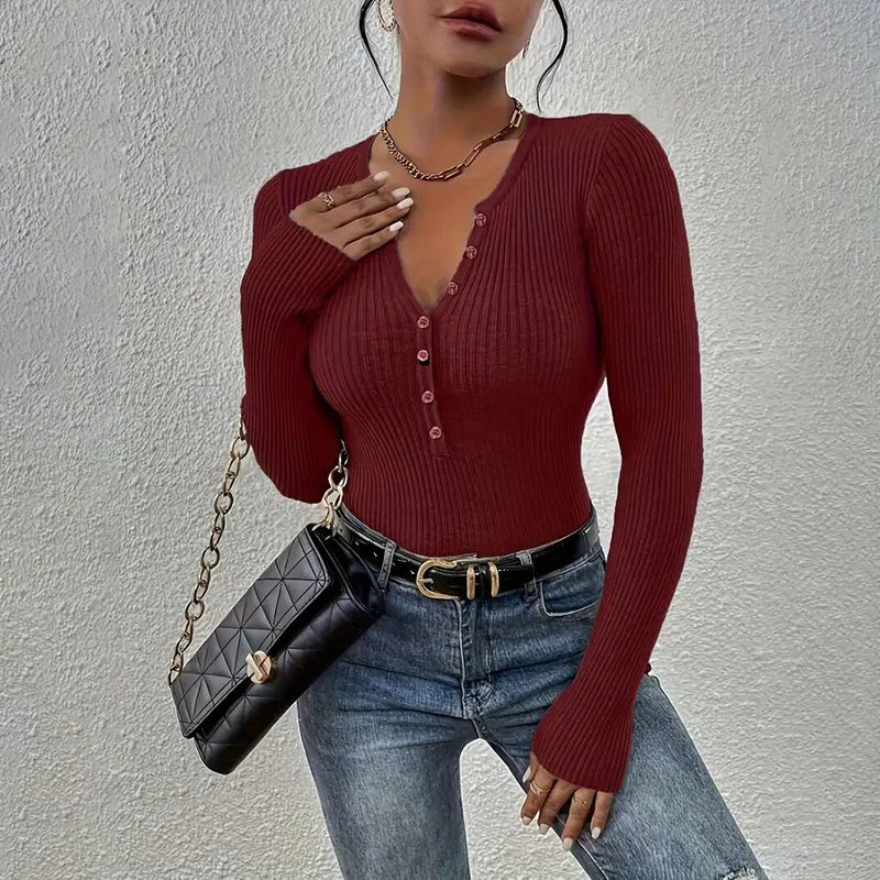 Women's Elegant V-Neck Button Detail Knit Sweater - Long Sleeve Solid Color Casual Pullover