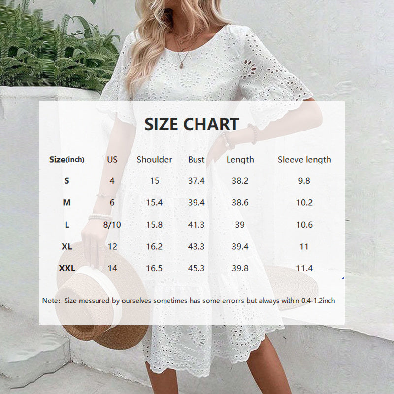 Women's Round Neck Embroidered Lace Short Sleeve A-Line Elegant Dress