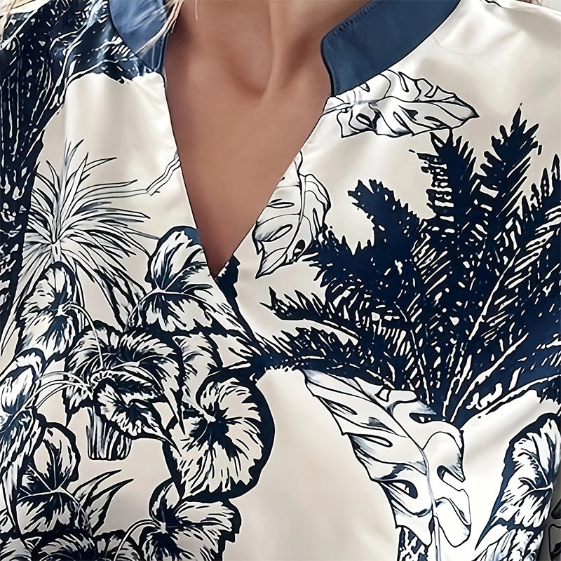 Women's Plus Size Elegant Floral Ink Painting Casual Tunic Dress Notched V Neck Long Sleeve Maxi
