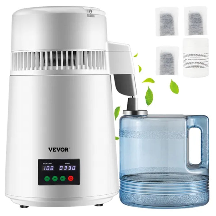 VEVOR 1.1Gal Water Distiller, 0.3Gal H, 750W Distilled Water Maker Machine 0-99H Timing Set Temp Display, 304 Stainless Steel Countertop Distiller Plastic Carafe Cleaning Powder 3 Carbon Packs, White