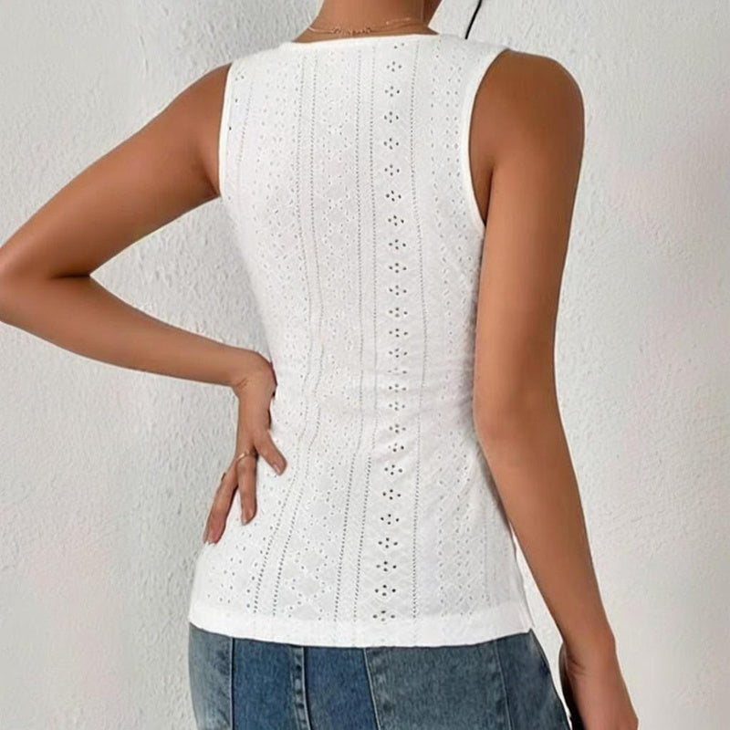 Women's V-Neck Sleeveless Ruched Tank Top Slim Fit Button Detail Summer Casual Tee