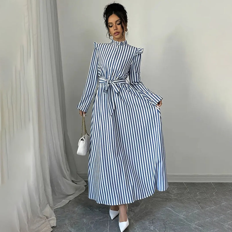 Women's Floral Print Long Sleeve Maxi - Stand Collar A-Line Dress With Waist Detail, Lantern Sleeves & Ruffle Hem