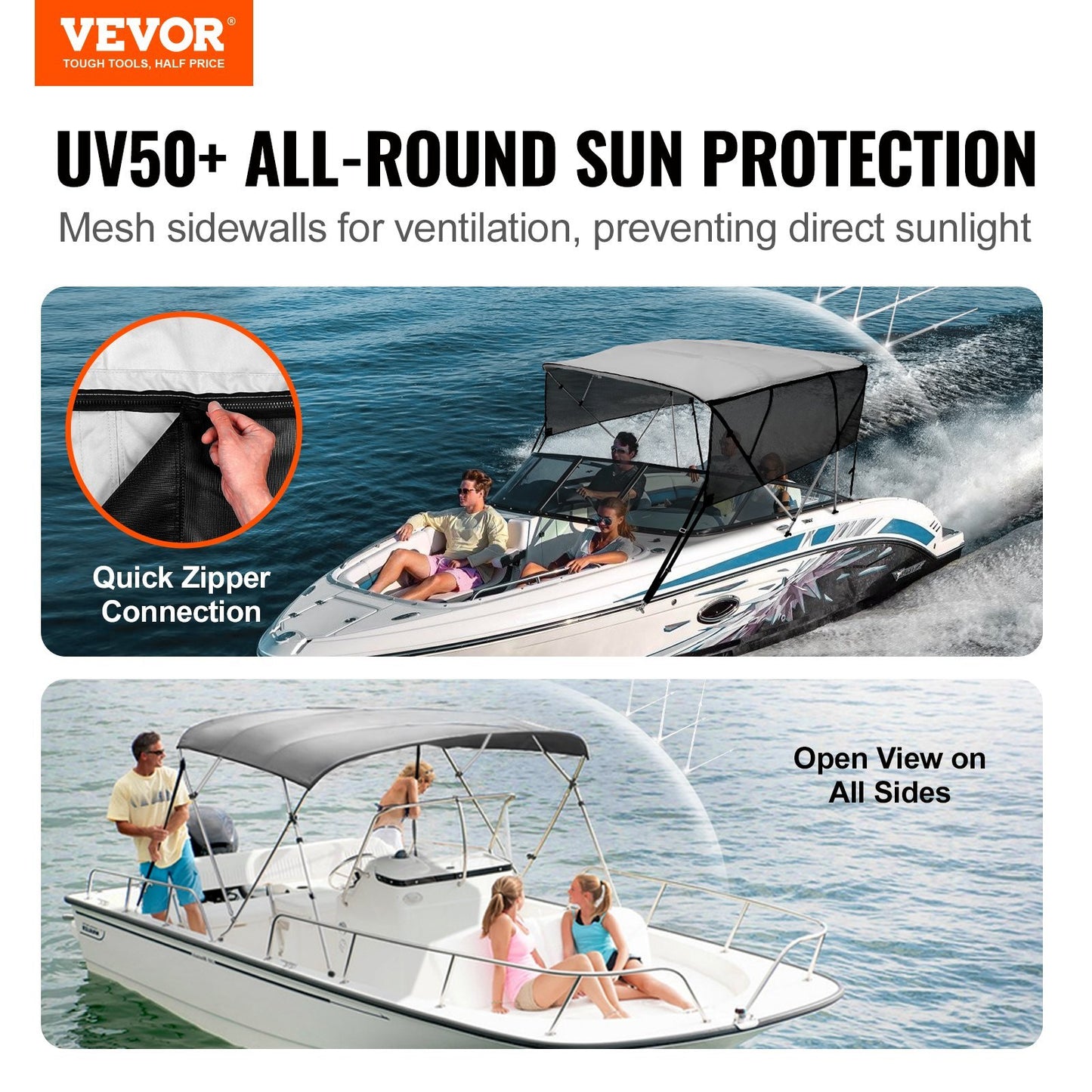 VEVOR 4 Bow Bimini Top Boat Cover, Detachable Mesh Sidewalls, 600D Polyester Canopy With Aluminum Alloy Frame, Includes Storage Boot, 2 Straps, 2 Support Poles,