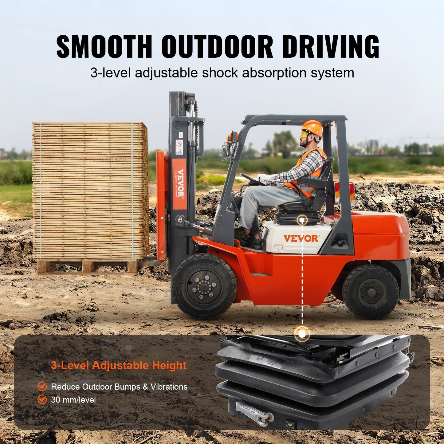 VEVOR Universal Tractor Seat Suspension, Fold Down Forklift Seat With Adjustable Angle Back, Micro Switch, Seatbelt And Armrests, 3-level Shock Absorption Tractor Seat For Tractor Loader Excavator