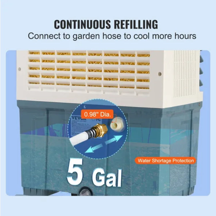 VEVOR Evaporative Air Cooler, Oscillating Swamp Cooler With Adjustable 3 Speeds, Portable Air Cooler For Indoor Outdoor Use