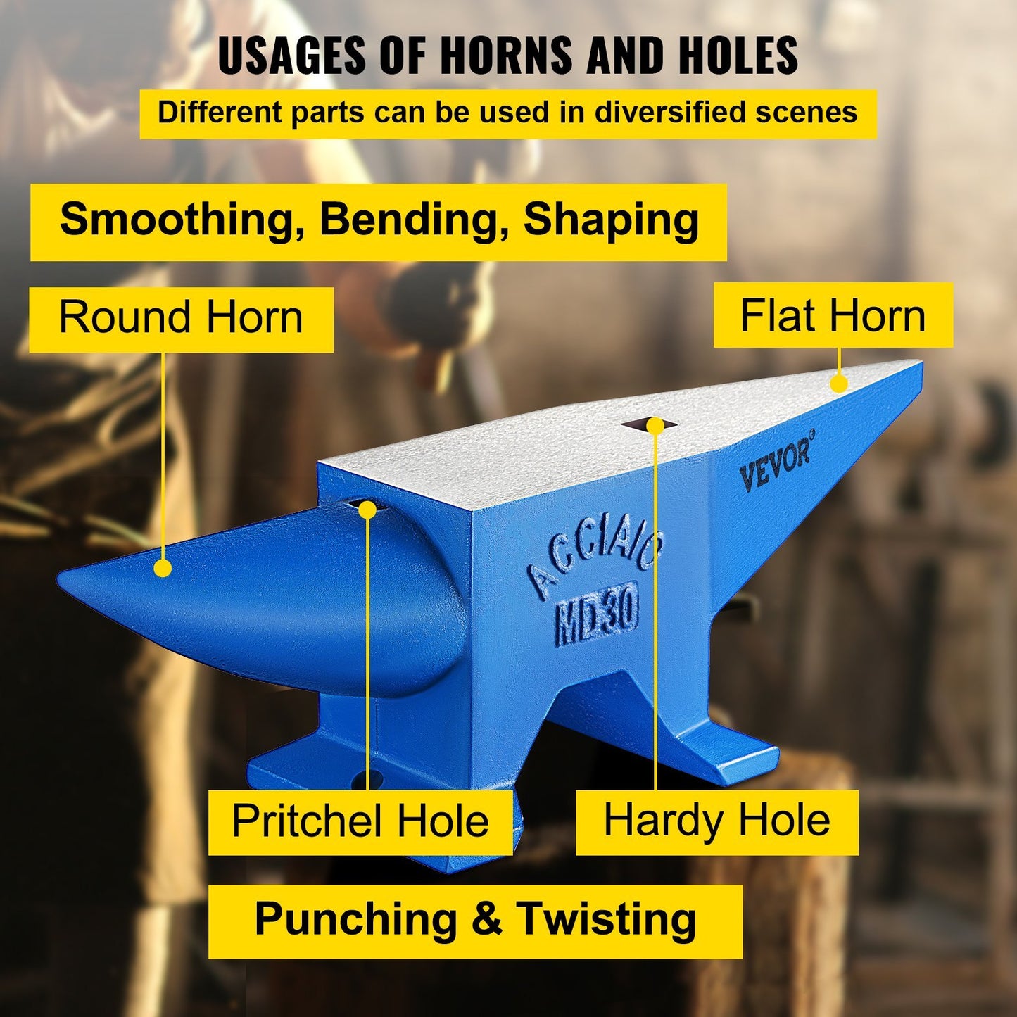 VEVOR Pro Horn Anvil , 30KG 66.1LBS Weight Steel Anvil Blacksmith Blacksmith Anvil, Portable Rugged Cast Iron Anvil Blacksmith Anvil Stable Workbench Blacksmith Forge Anvil Tool