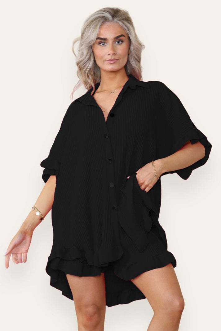 Casual Oversized Gold Button Pleated Frilled Ruffle Short Sleeves Shirt Top And Short Set