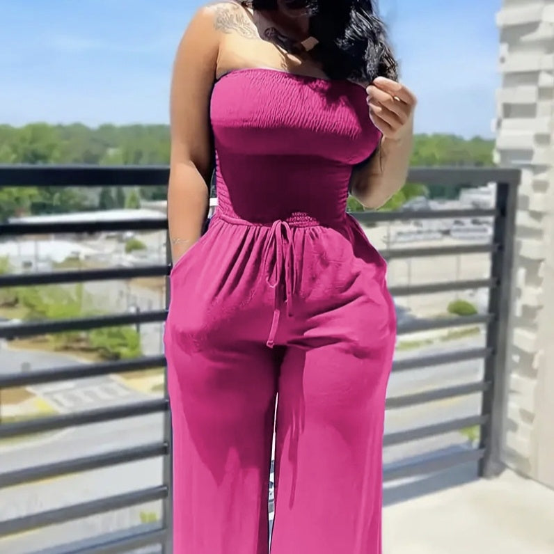 Elegant Jumpsuit Solid Color Strapless Top Straight Leg Pants Sleeveless Loose Pants