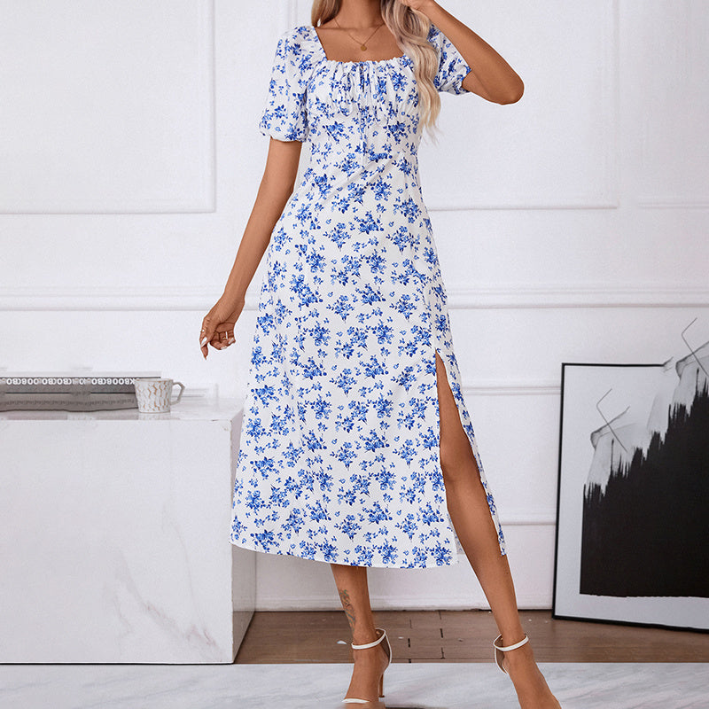 Women's Square Neck Floral Print Dress With Puff Sleeves & Side Slit - Elegant Boho Maxi Dress