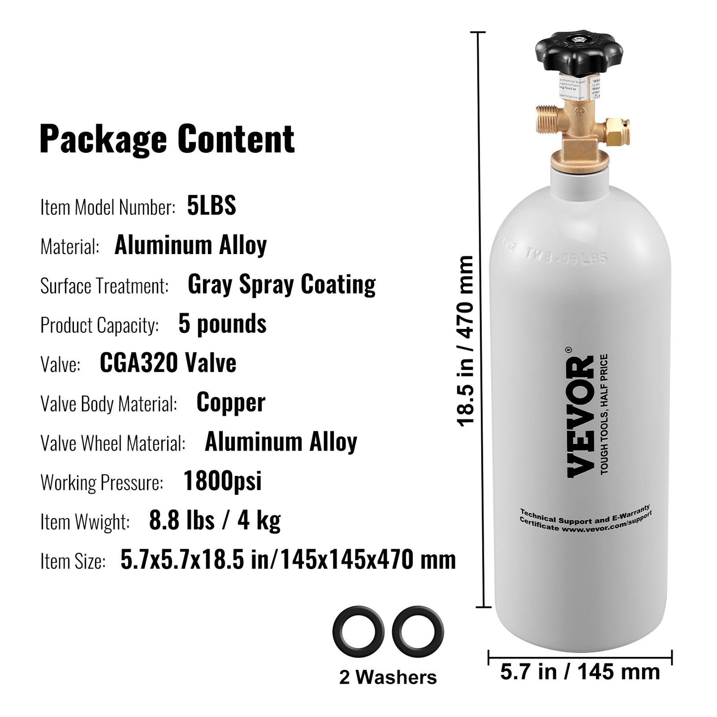 VEVOR 5 Lbs CO2 Tank Aluminum Gas Cylinder, Brand New CO2 Cylinder With Gray Spray Coating, CO2 Tank With CGA320 Valve, For Draft Soda Beer