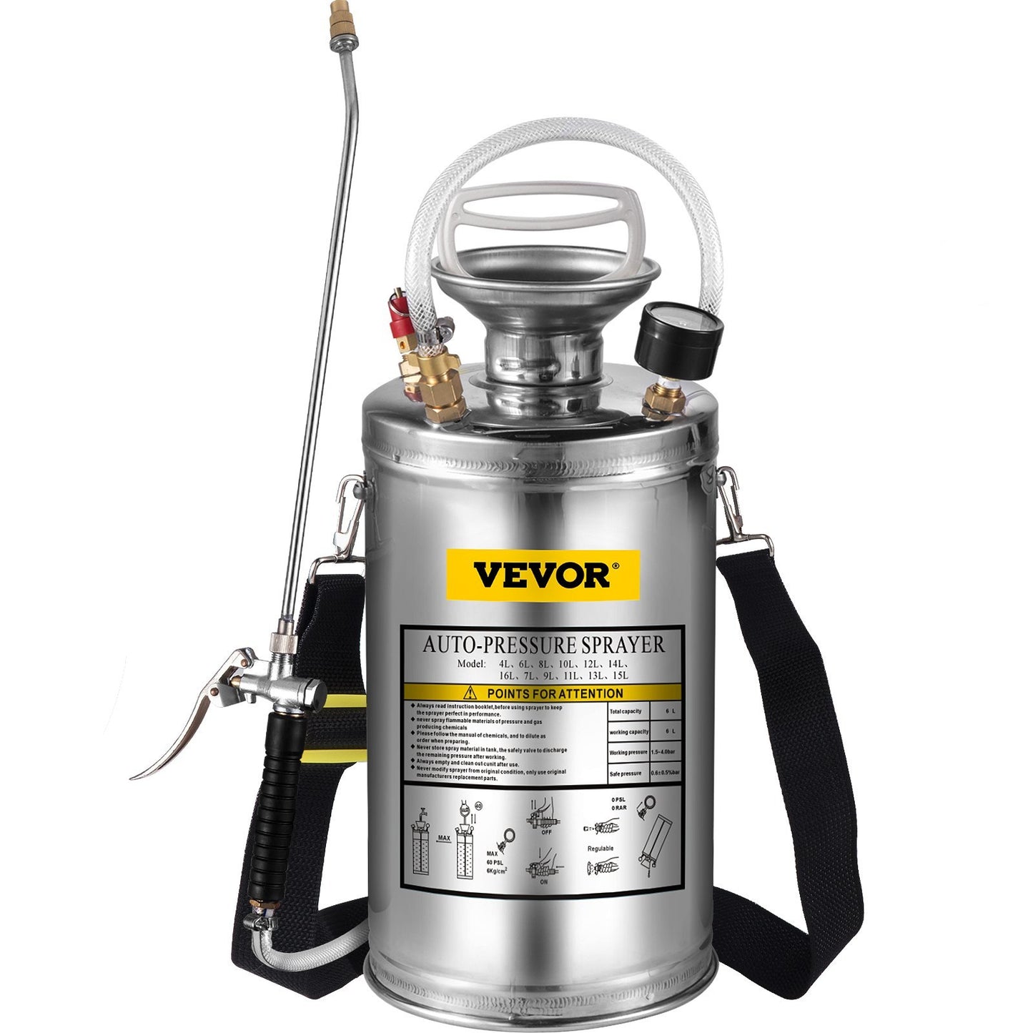VEVOR 1.5Gal Stainless Steel Sprayer, 3.3FT Reinforced Hose, Hand Sprayer With Pressure Gauge Safety Valve, Adjustable Nozzle Suitable For Gardening Sanitizing