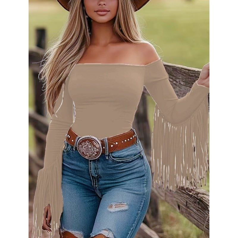 Women's Western Cowgirl Off-Shoulder Fringe Top, Slim Fitted Long Sleeve Tassel Blouse