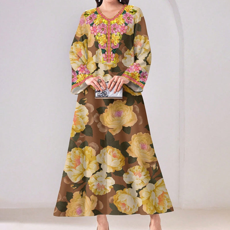 Women's Vibrant Floral Print V-Neck Long Sleeve Maxi Dress Elegant Bohemian A-Line Long