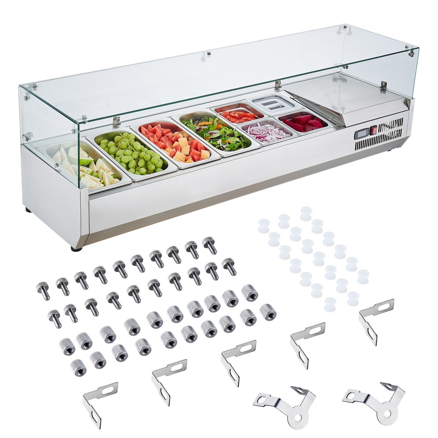 VEVOR Refrigerated Condiment Prep Station, 150 W Countertop Refrigerated Condiment Station, 304 Stainless Body And PC Lid, Sandwich Prep Table With Glass Guard, ETL