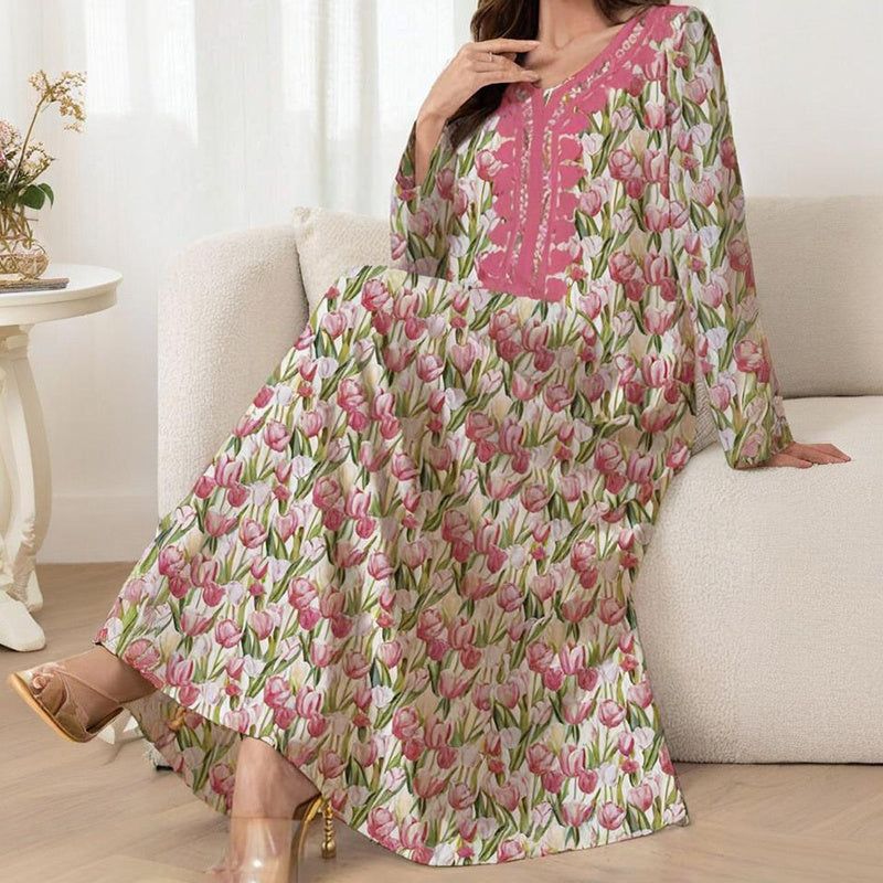 Women's Elegant Pink Floral Print Maxi Dress Vacation Style Long Sleeve A-line Flowy