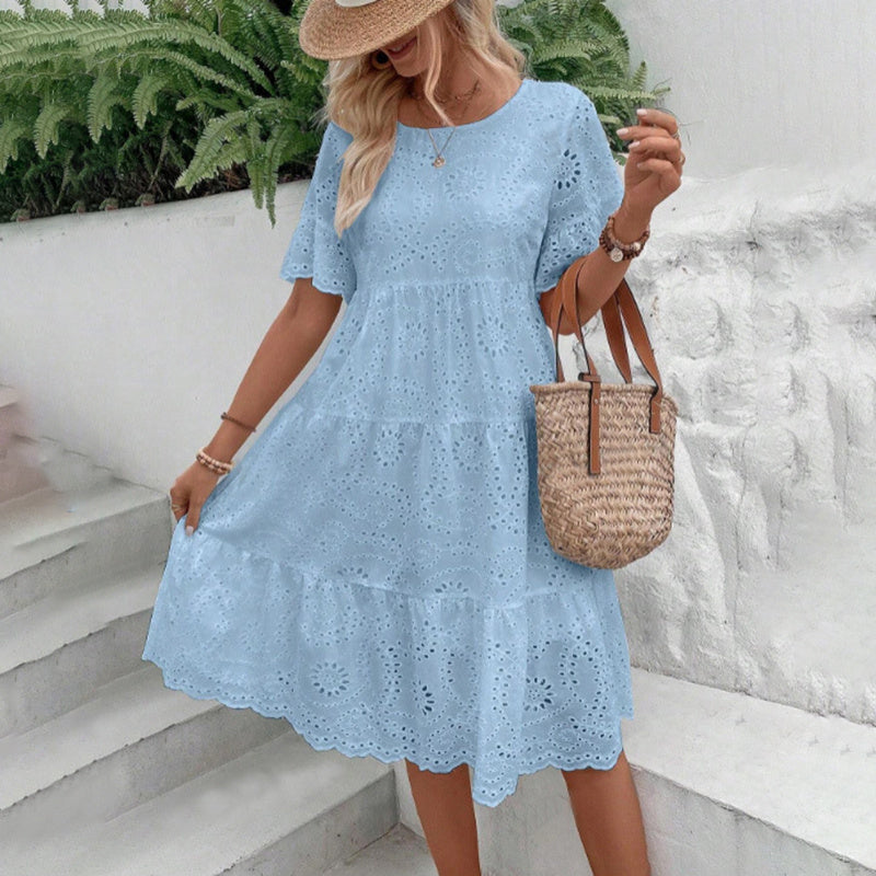 Women's Round Neck Embroidered Lace Short Sleeve A-Line Elegant Dress