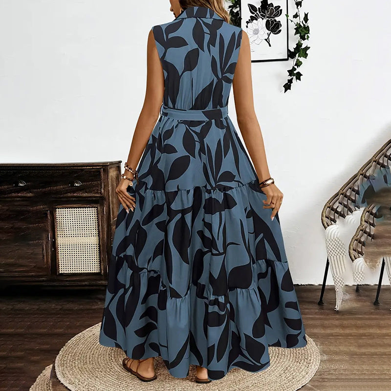 Sleeveless Boho Floral Maxi Dress Summer Button Shirt V Neck Flowy Belted Dresses