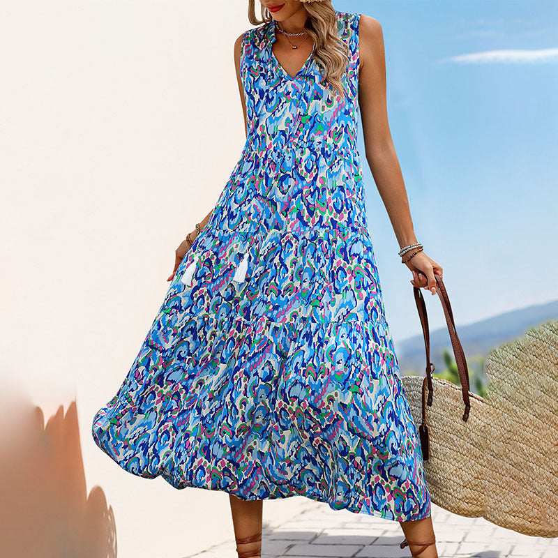Women's Bohemian Sleeveless Tassel Tie-Dye Maxi Dress Casual Sundress