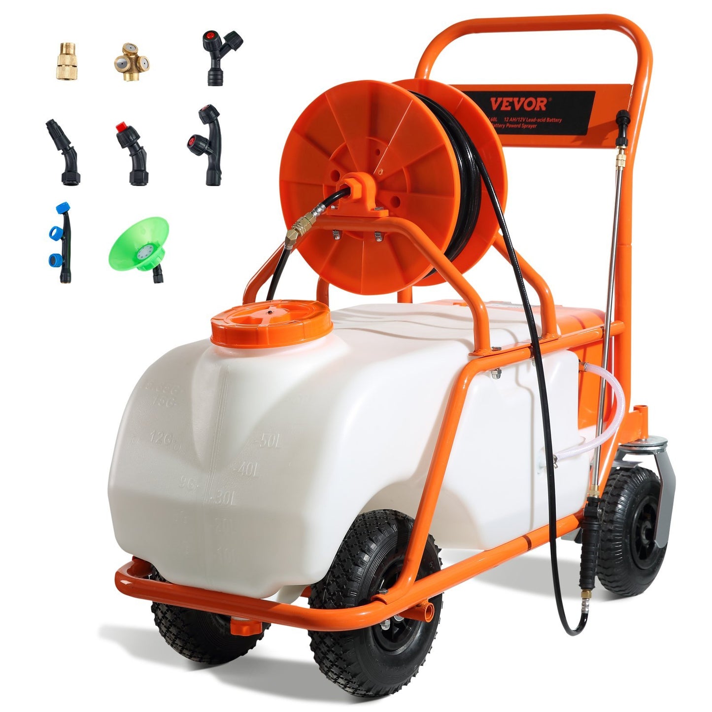 VEVOR Battery Powered Lawn Sprayer On Wheel, 0-90 PSI Adjustable Pressure, 15 Gallon Tank, Cart Sprayer With 8 Nozzles And 2 Wands, 12V 12Ah Battery, Wide Mouth Lid For Weeding, Spraying