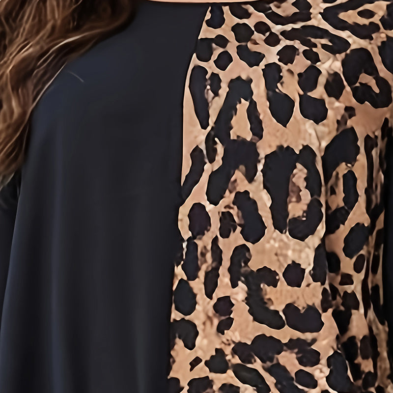 Women's Leopard Print Maxi Dress Color Block Long Sleeve Dress Casual Summer