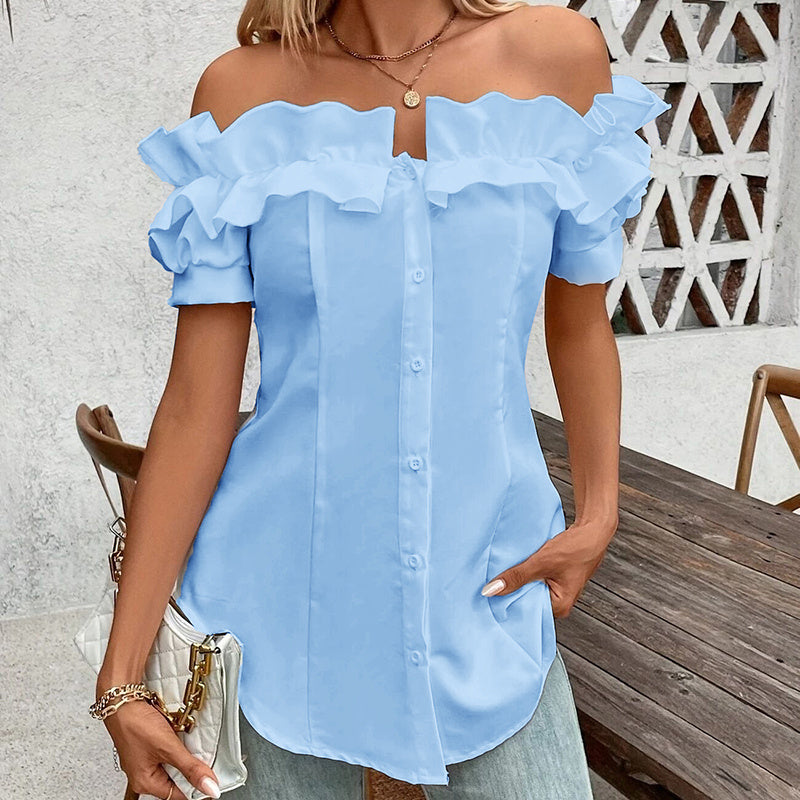 Women's Solid Color Off-Shoulder Ruffled Blouse - Waist Button-Down Shirt