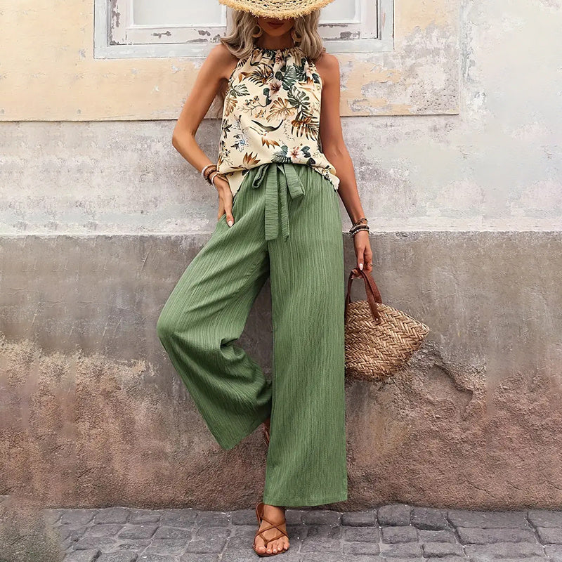 Women's 2 Piece Outfits Casual Sleeveless Halter Neck Crop Top Wide Leg Pants Set
