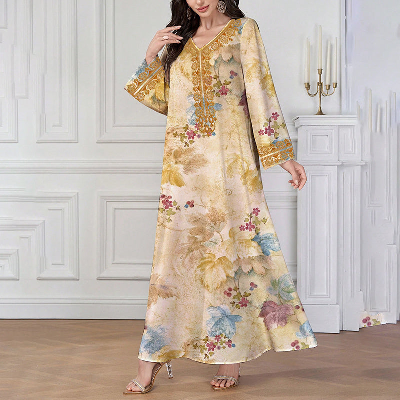 Women's Chic Bohemian Floral V-Neck Maxi Dress, Elegant Golden Long Sleeve Loose Fit Casual