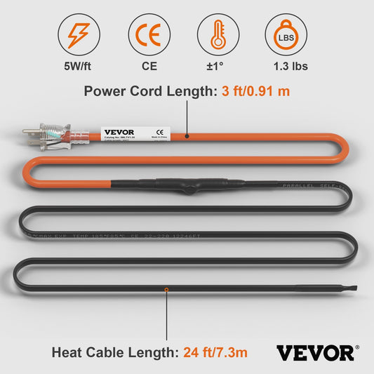 VEVOR Self-Regulating Pipe Heating Cable, 24-feet 5W Ft Heat Tape For Pipes Freeze Protection, Protects PVC Hose, Metal And Plastic Pipe From Freezing, 120V