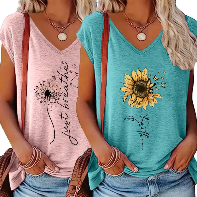 2-Pack Women's V-Neck Graphic Print Tees - Summer Casual Short Sleeve Tops