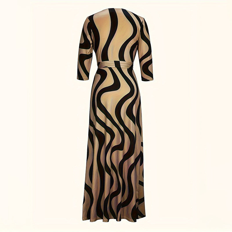 Women's V-Neck Elegant Half-Sleeve Belted Waist Print Maxi Dress