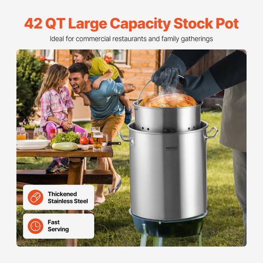 VEVOR Stainless Steel Stockpot, 42 Quart Large Cooking Pots, Cookware Sauce Pot With Strainer, Lid, And Handle, Heavy Duty Commercial Grade Stock Pot, Sanding Treatment, For Large Groups Events Silver