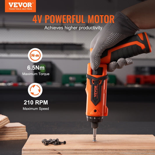 VEVOR Cordless Screwdriver, 4V 7Nm Electric Screwdriver Rechargeable Set With 11 Accessory Kit And Charging Cable, LED Light Dual Position Handle, Nut Drivers Magnetic Bit Holder Tool Kit Home Repair
