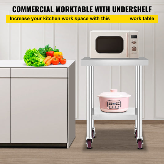 VEVOR 24x18x34 Inch Stainless Steel Work Table 3-Stage Adjustable Shelf With 4 Wheels Heavy Duty Commercial Food Prep Worktable With Brake For Kitchen Prep Work