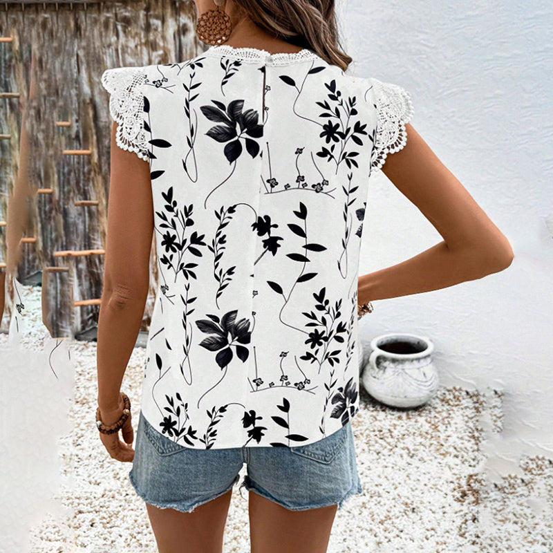 Women's Summer Geometric Leaf Print Tops Lace Cap Sleeve Crew Neck Shirt