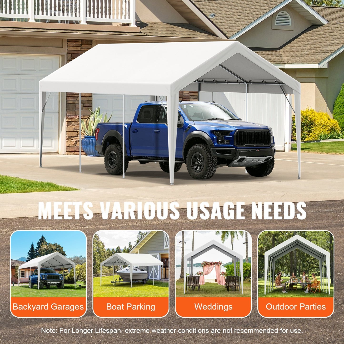 VEVOR Carport Replacement Canopy Cover 10 X 20 Ft, Garage Top Tent Shelter Tarp Heavy-Duty Waterproof & UV Protected, Easy Installation With Ball Bungees,White Only Top Cover, Frame Not Include