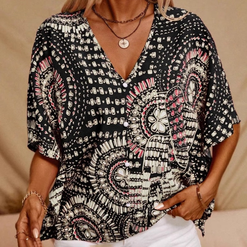 Women's V-Neck Mandala Print Blouse Short Batwing Sleeve Casual Vacation Top