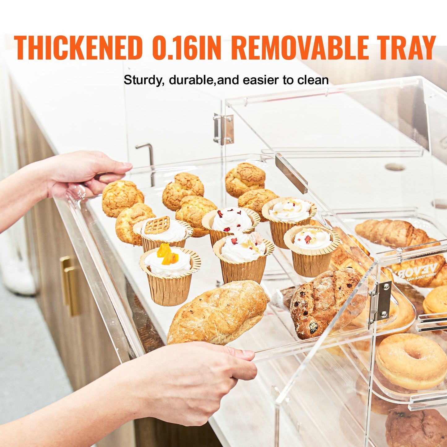 VEVOR Pastry Display Case, 3-Tier Commercial Countertop Bakery Display Case, Acrylic Display Box With Rear Door Access   Removable Shelves,