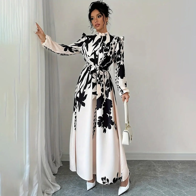 Women's Floral Print Long Sleeve Maxi - Stand Collar A-Line Dress With Waist Detail, Lantern Sleeves & Ruffle Hem