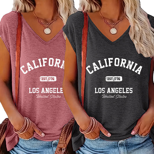 Women's 2 Pack Summer Letter Graphic Printed V Neck Short Sleeve T-Shirt
