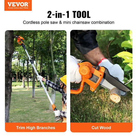 VEVOR 2-in-1 Cordless Pole Saw & Mini Chainsaw, 20V 4Ah Battery Pole Chainsaw, Cutting Capacity 8 Ft Reach Pole Saw For Branch Cutting & Tree Trimming Battery And Blade Cover Included