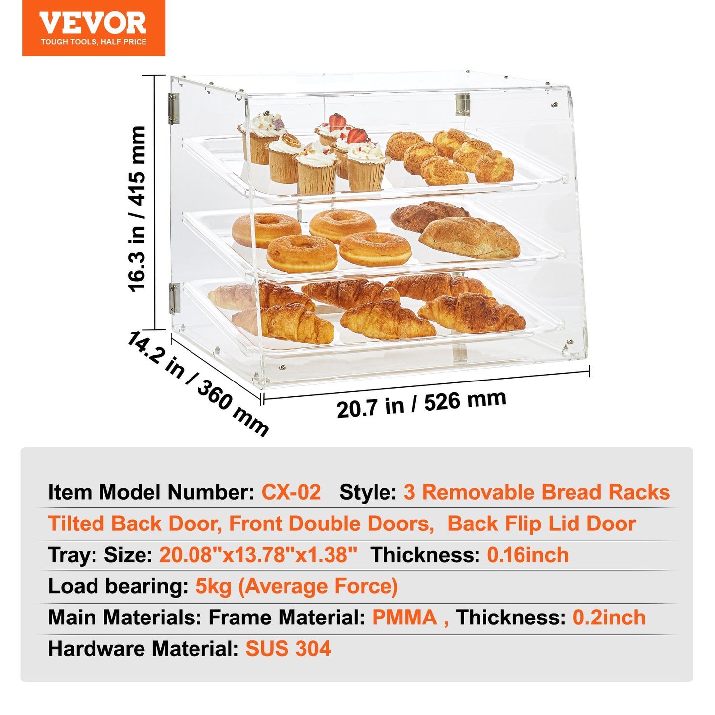 VEVOR Pastry Display Case, 3-Tier Commercial Countertop Bakery Display Case, Acrylic Display Box With Rear Door Access   Removable Shelves,