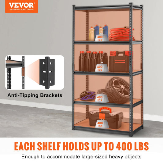 VEVOR Storage Shelving Unit, 5-Tier Adjustable, 2000 Lbs Capacity, Heavy Duty Garage Shelves Metal Organizer Utility Rack, Black,  For Kitchen Pantry Basement Bathroom Laundry